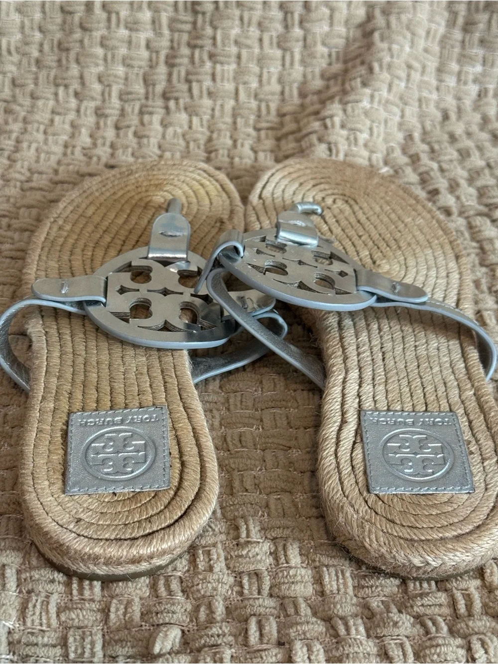 Tory Burch Silver Logo Rope-Trim Thong Sandals